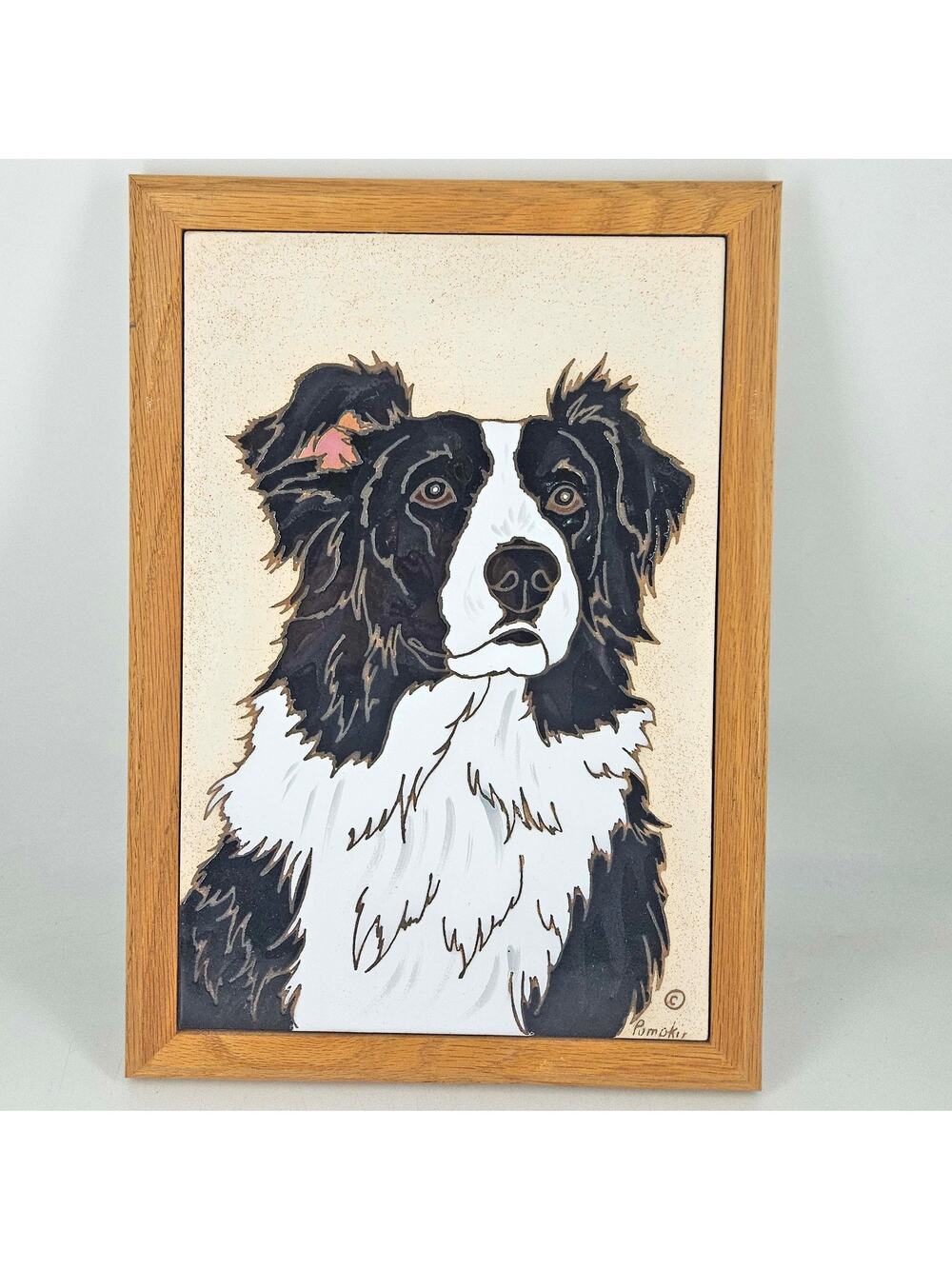 Framed Hand made Painted Border Collie Tile signed by Pumpkin Wall Plaque